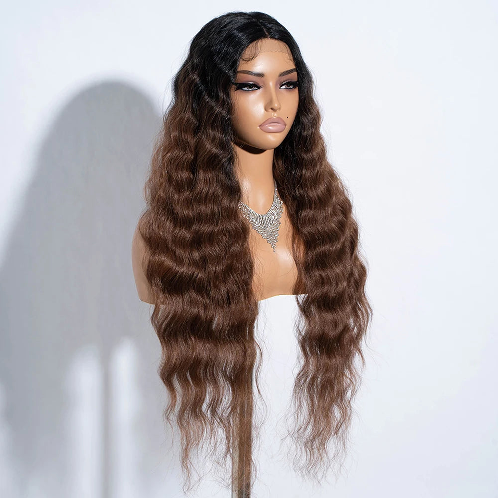 Synthetic Lace Wig Long Deep Wavy Ombre Blonde Brown Lace Wigs For Black Women Heat Resistant Cosplay Wigs
