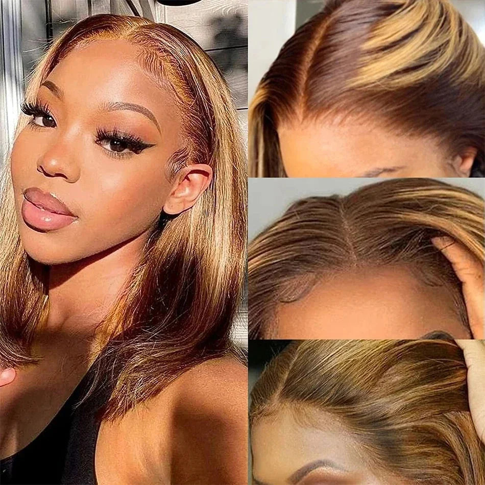 13x4 Transparent Lace Front Bob Wig Human Hair Ombre Honey Blonde 13x4 Wigs 10-16inch 4/27 Colored Transparent Frontal Lace Wig