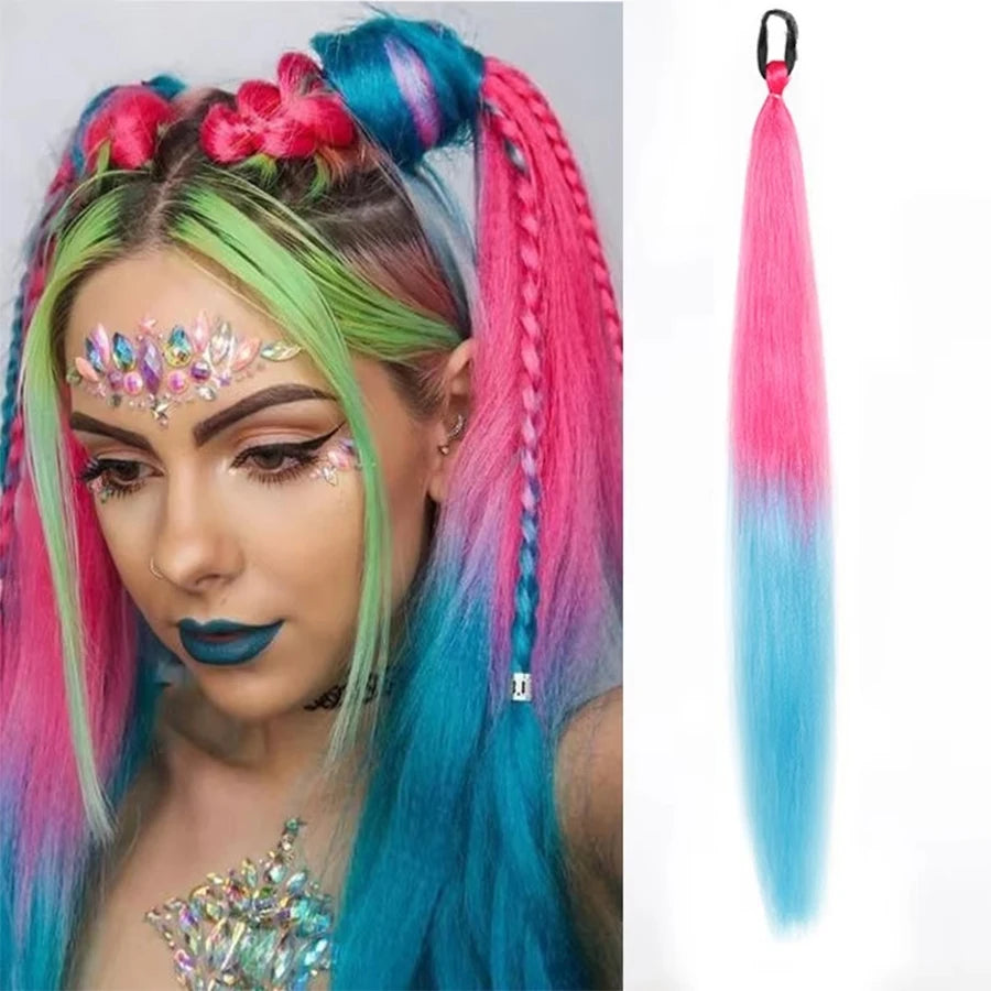 2PCS 26Inch Synthetic Long Straight Ponytail with Elastic Hair Colorful Braiding Hair Ponytail Hair Extensions Hair Accessories