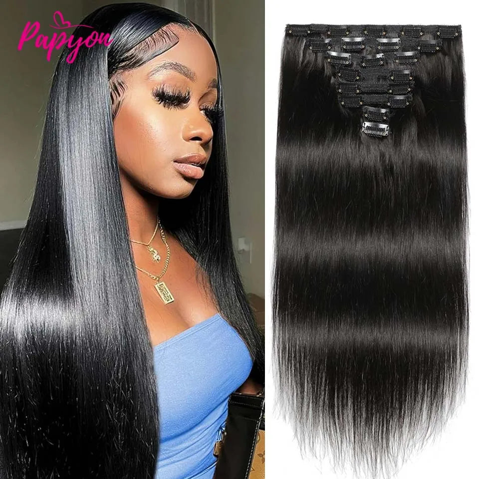 Clip In Hair Extensions Human Hair Thick Straight Clip In Natural Black Color Clip Ins Remy Hair 26 28 30 32 Inch For Women