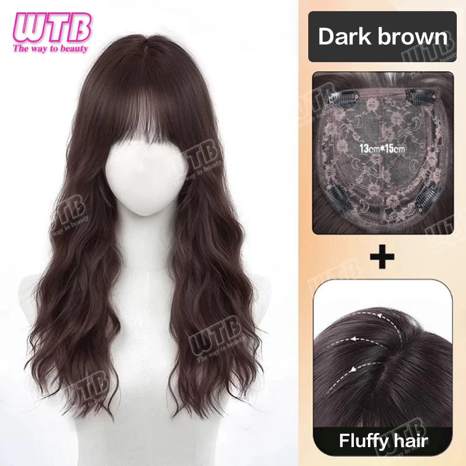 60cm Synthetic Middle Part Topper Hairpiece with Bangs Clip-In Bangs Extension Natural Invisible Clourse Hairpiece for Women