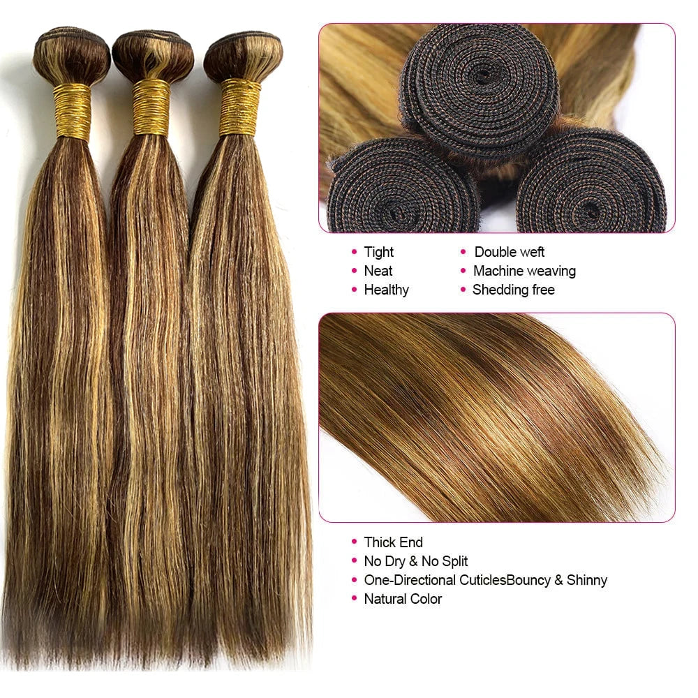 12A Highlight Bundles Straight Human Hair Bundles P4/27 Colored Ombre Honey Blonde Bundles Brazilian Hair Extensions Hair Weaves