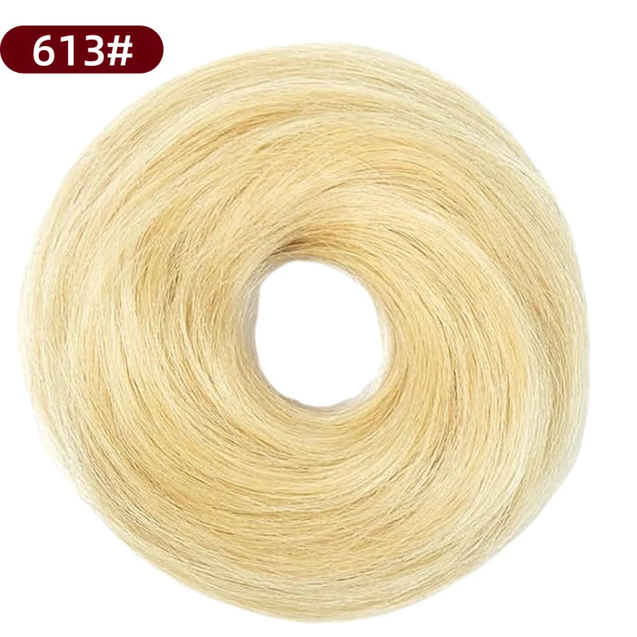 Messy Bun Hair Piece Human Hair Natural Black Wavy Tousled Stretchy Fluffy Donut Updo Elegant Chignon with Elastic Rubber Band