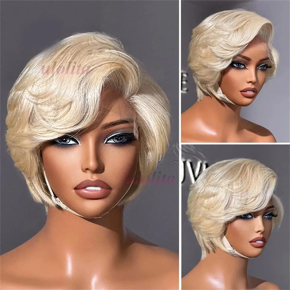 Pixie Cut Wig Brazilian 613 blonde Straight Side Part Wig 13x4 Short Bob HD Transparent Lace Front Human Hair Wig For Women