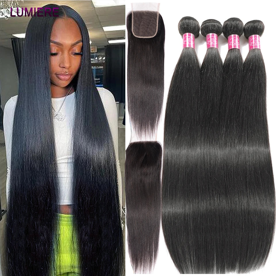Raw Indian Bone Straight Bundles with HD Transparent Lace Closure 5x5 6x6 Frontal And Bundles 30 40 Inche Human Hair Double Weft