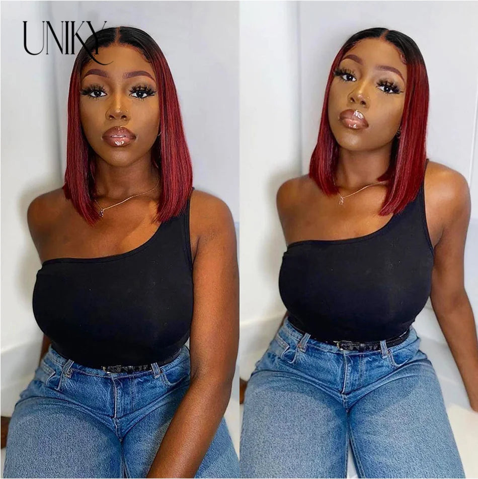 T1B/99j Burgundy Red Straight Bob T Part Lace Front Human Hair Wig For Women Colored Brazilian Remy Hair Natural Wig
