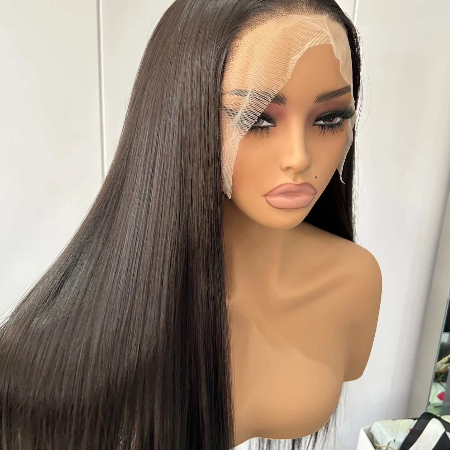 Dark Brown Long Silky Straight Synthetic Free Part Chocolate Brown Brunette Natural Heat Resistant Fiber Wigs for Women Daily