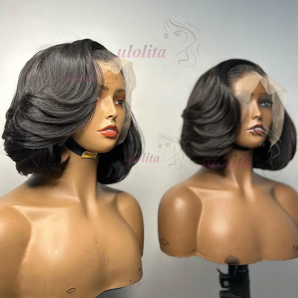 Short straightBob Wigs 13x4 HD Lace Closure Wig Blunt Cut with face framing layers Glueless Human Hair Ombre Chocolate brown wig