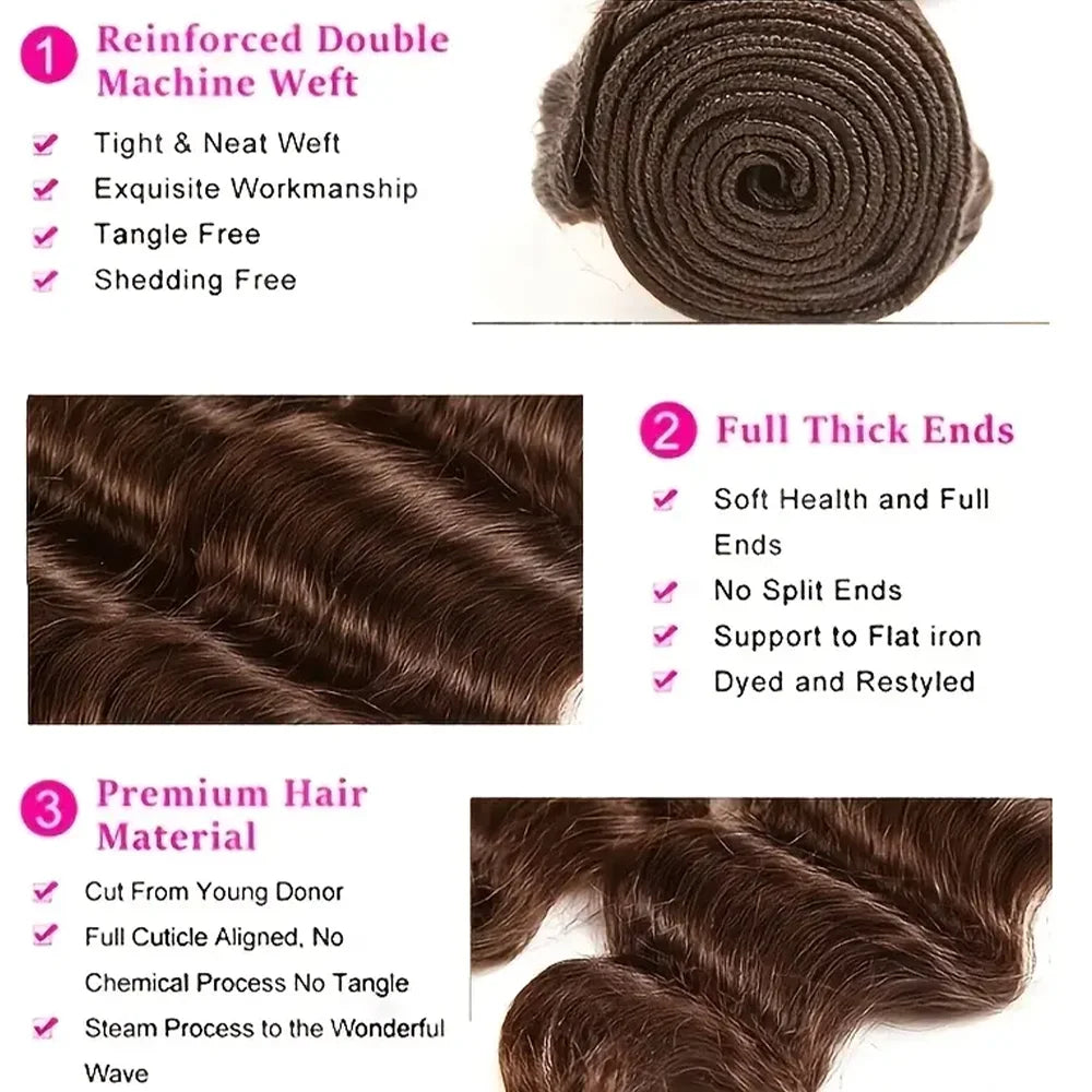 Chocolate Brown Color #4 Human Hair Bundles Deep Wave 32 Inch For Woman Brazilian Virgin Hair Weave Human Hair Curly Water Wave