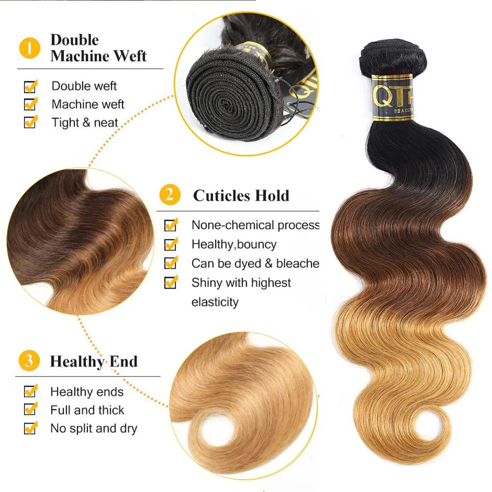 Ombre Color Body Wave Human Hair Bundles With Closure Brazilian Virgin Hair Bundles 1b/4/27 1b/4/30 Hair Weave Bundle Human Hair