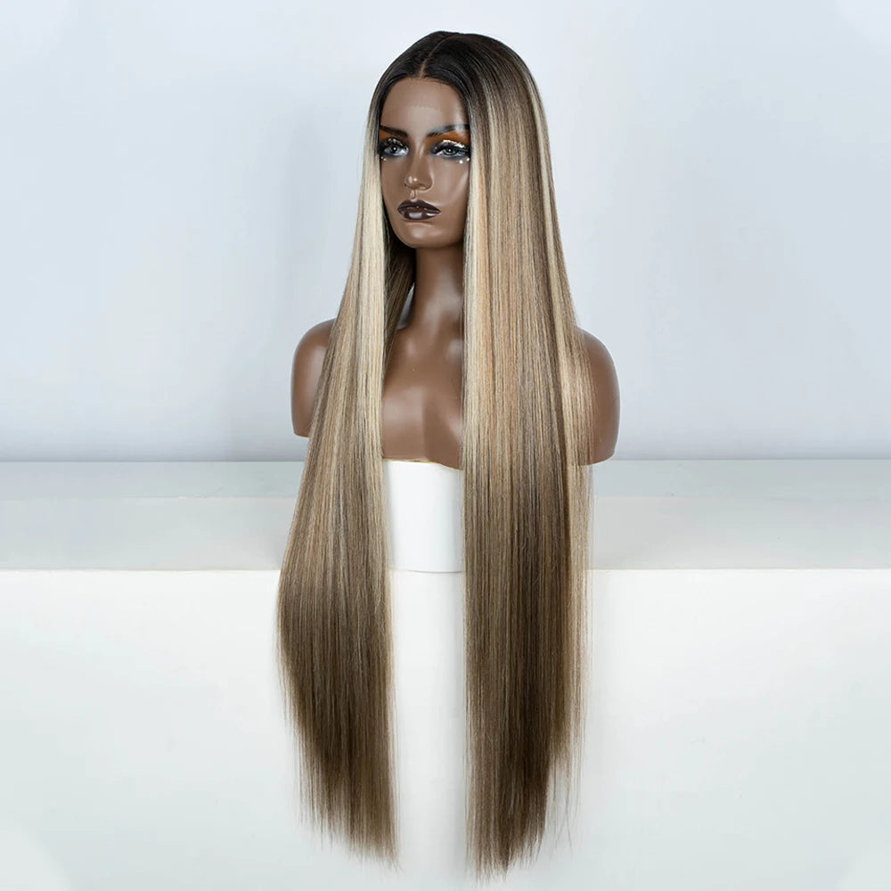 Synthetic Lace Front Wigs Highlight Brwon Blonde Black Wig For Women Long Straight Lace WIg 38Inch Synthetic Heat Resistant Wig