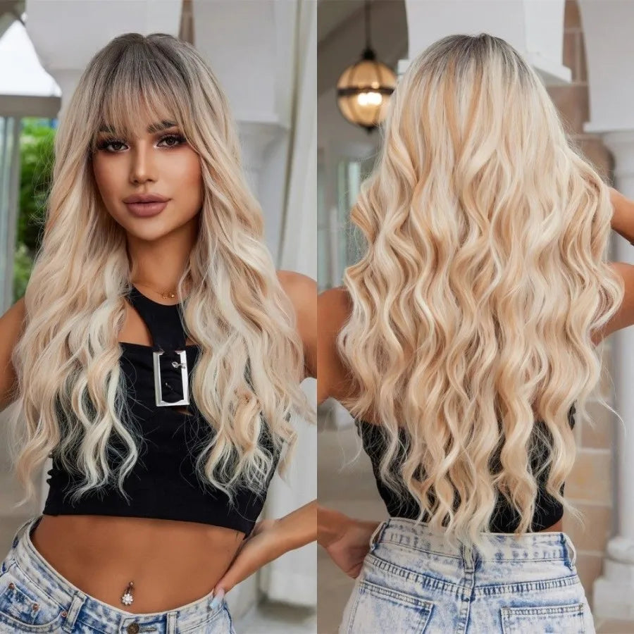 28 Inch Long Curly Wig With Bangs Ombre Brown Hair Wigs For Women Highlight Blonde Synthetic Wigs For Daily Party Heat Resistant