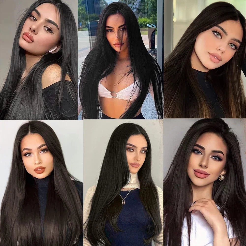 Dark Brown Long Silky Straight Synthetic Free Part Chocolate Brown Brunette Natural Heat Resistant Fiber Wigs for Women Daily