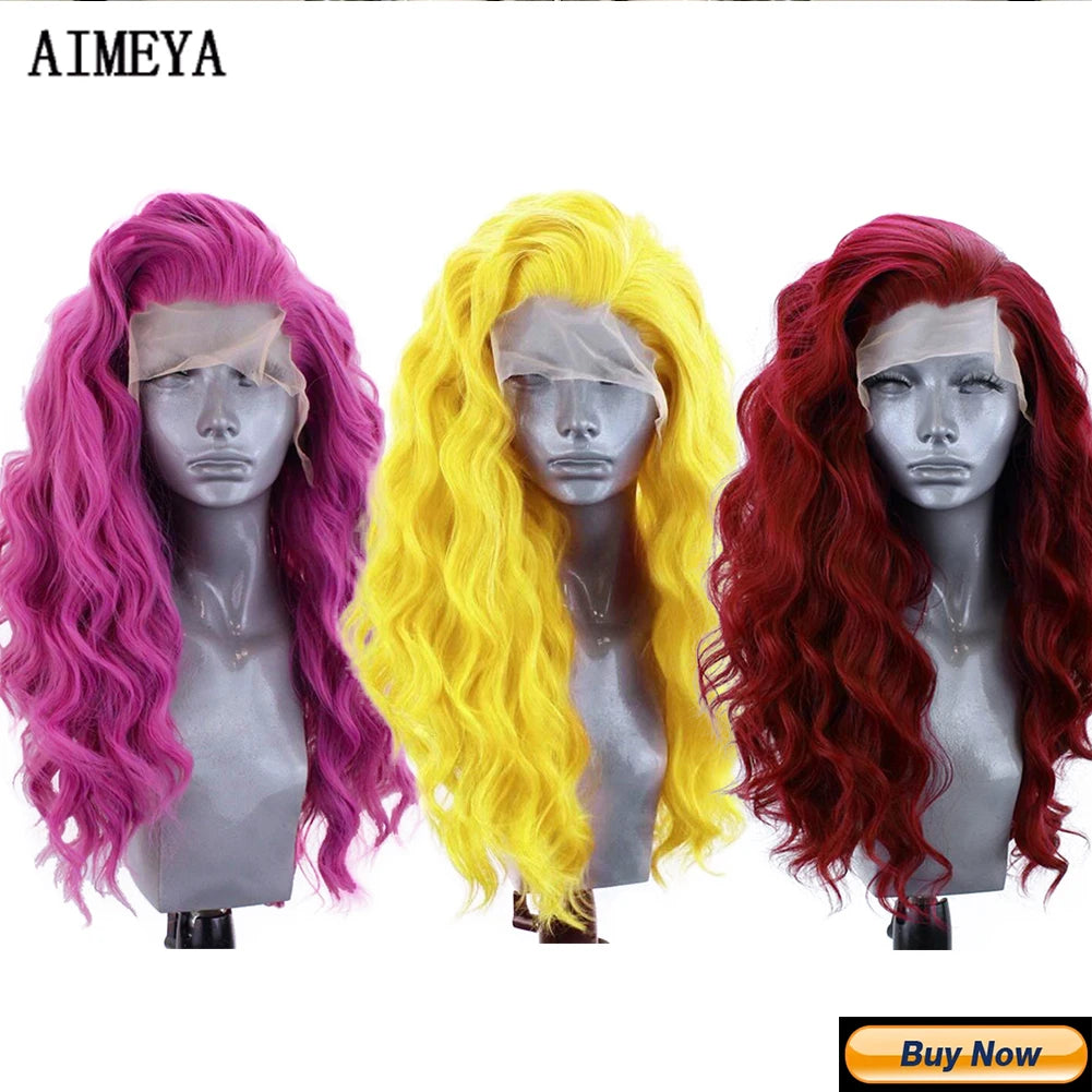 AIMEYA Long Wavy Blonde Synthetic Lace Front Wig for Women Fashion Style Lace Wigs Free Part Heat Resistant Fiber Wig Cosplay