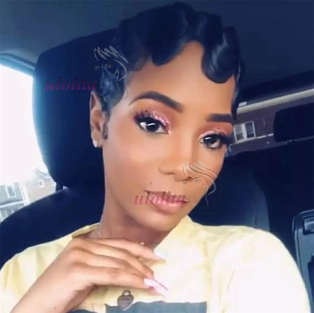 Pixie Cut Finger Wave Short Bob Wigs For Black Women Human Hair Ocean Wave Short Indian Human Hair Wig 13X1 Lace Front wigs
