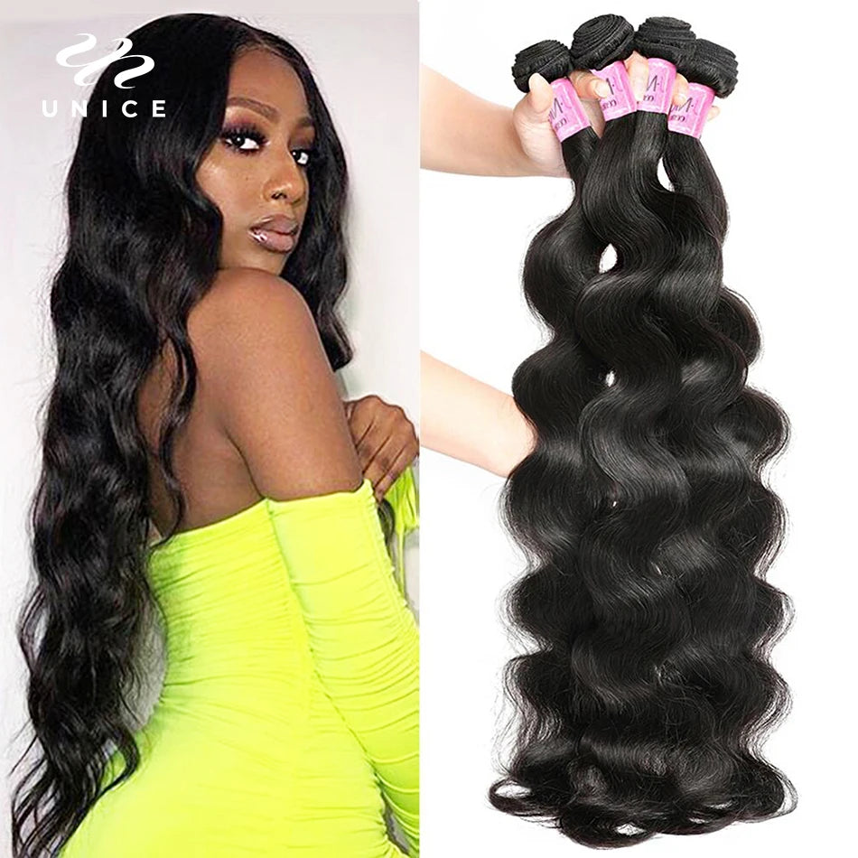 UNice Hair 30 inch Body Wave Bundles Peruvian Hair Bundles 100% Human Hair Extension Virgin Hair Weave Natural Color 1/3/4 Piece