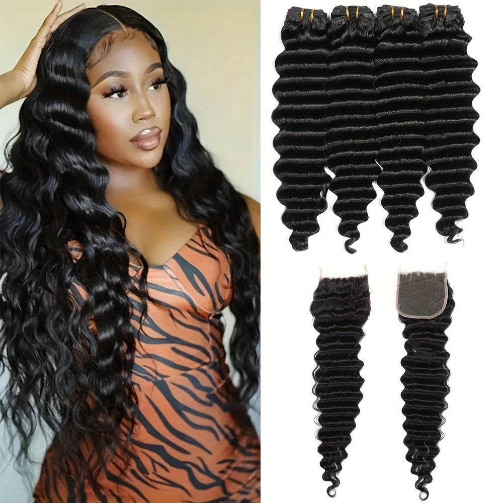 Peruvian Deep Wave Hair With 5x5 Lace Closure Unprocessed Human Hair Bundles With Lace Closure Free Part Transparent Lace 100% Virgin Human Hair Wet and Wavy Weave Hair