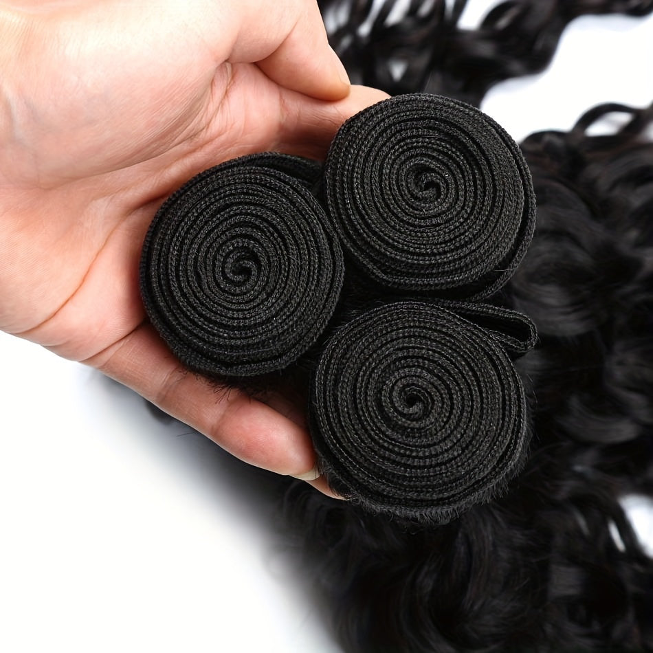 4 Bundles Peruvian Water Wave 100% Virgin Human Hair Extensions Double Weft 100% Unprocessed Human Hair Water Wave Hair Natural Black Color For Women Can Be Dyed
