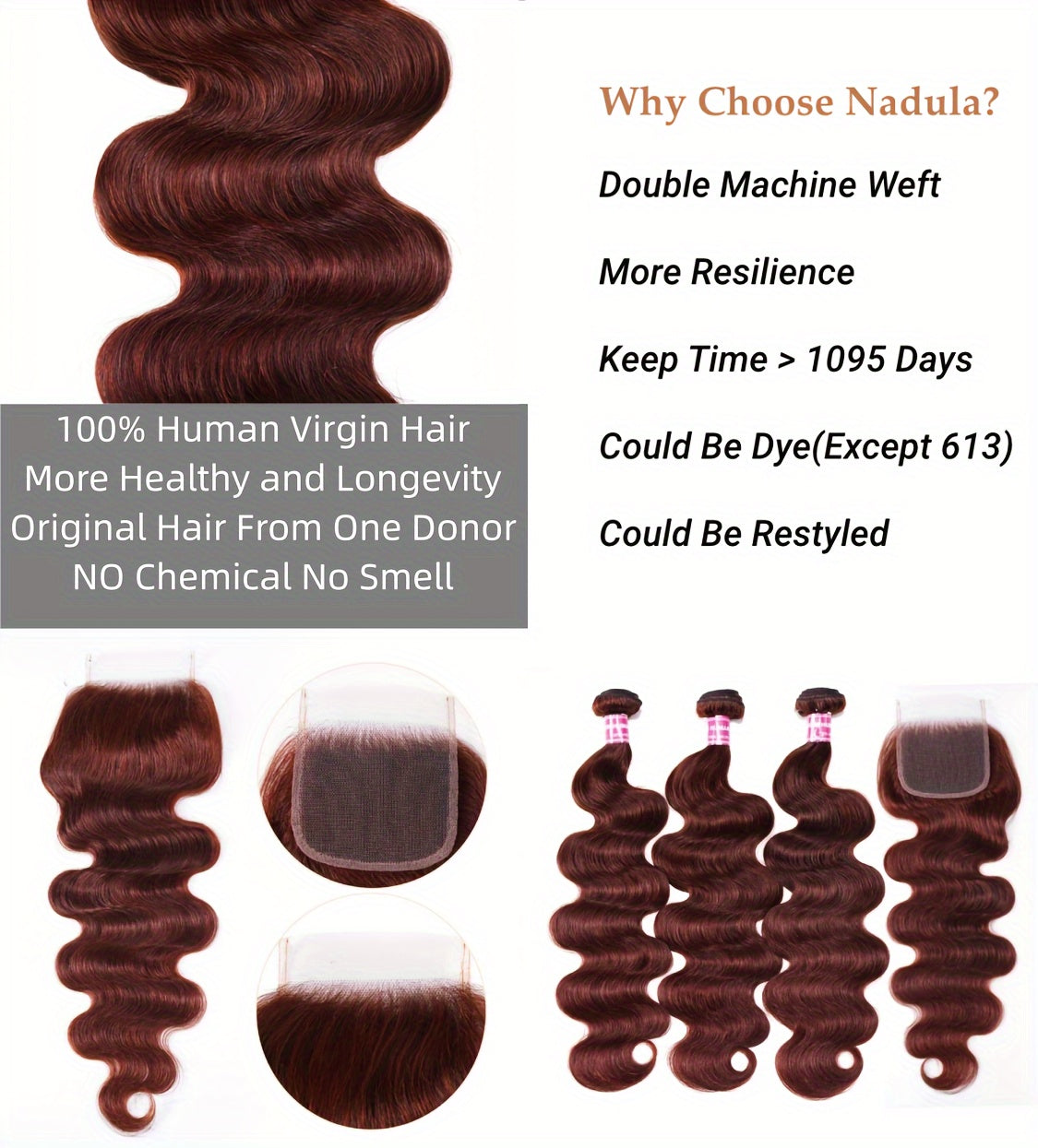 Nadula 12A Reddish Brown Body Wave Human Hair Weave 3 Bundles with 4x4 lace closure, Brazilian Remy Hair Ombre Balayage Human Hair Extension FB30 Highlight Color