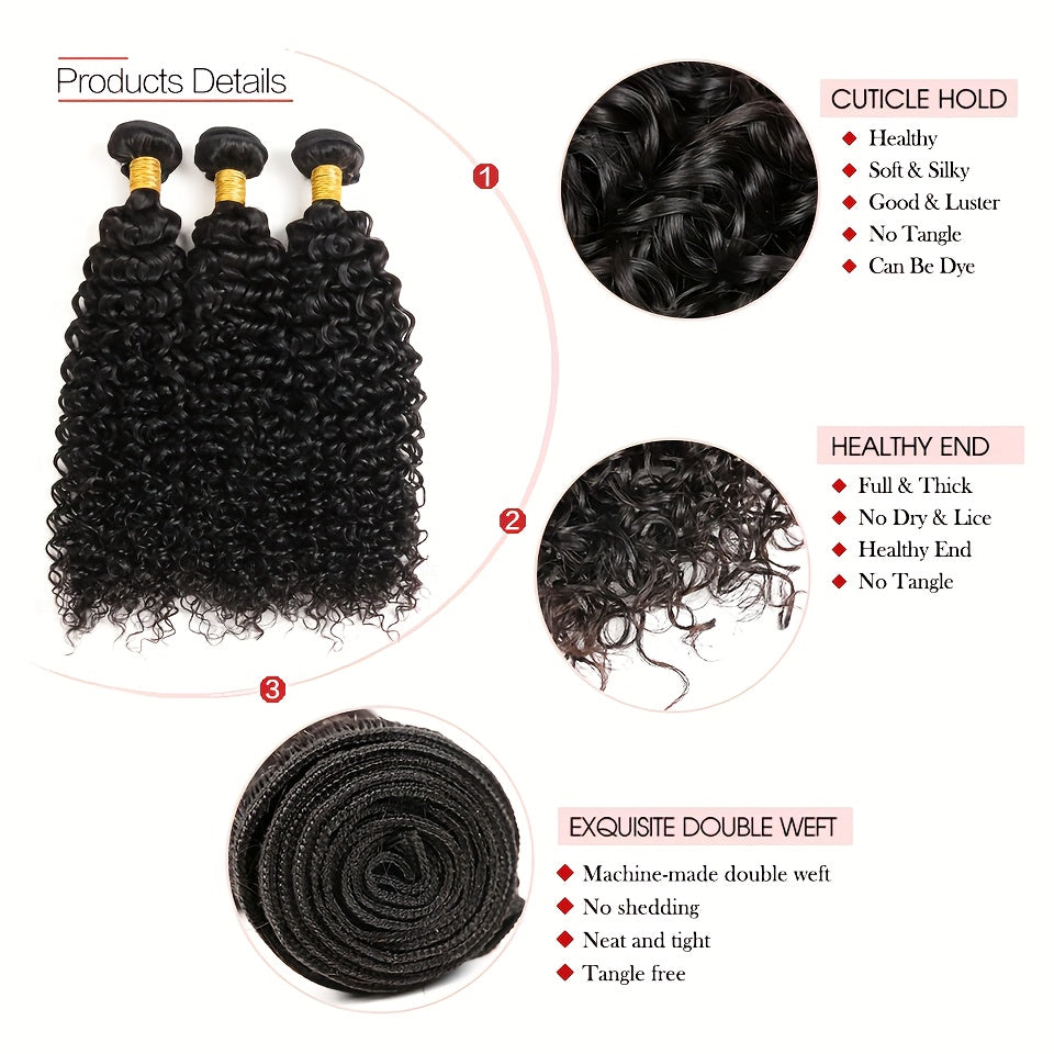 10A Curly Human Hair 3 Bundles Kinky Curly 100% Unprocessed Brazilian Curly Hair Bundles Soft Remy Hair Real Natural Color Human Hair Extensions for Women