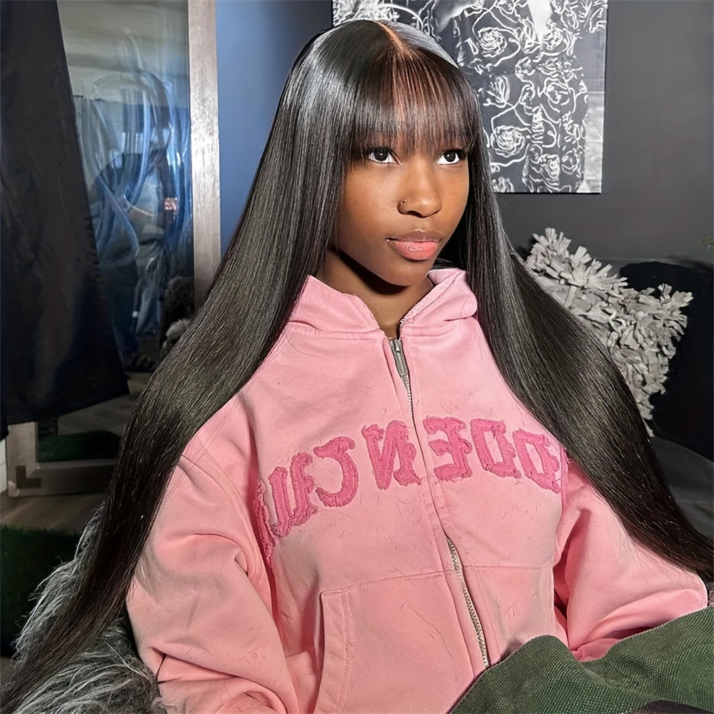 Wig With Bangs Straight Human Hair Wigs For Brazilian Women 200% Density Natural Color Full Machine Made Wigs Glueless Wig 100% Human Hair