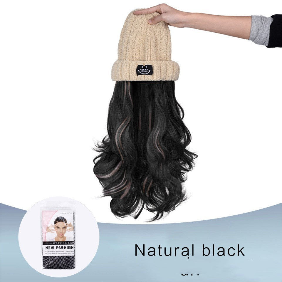 Autumn And Winter Fashion Beige Knit Pick Dye Gradient Long Curly Hair Hundred Take Wig Hat