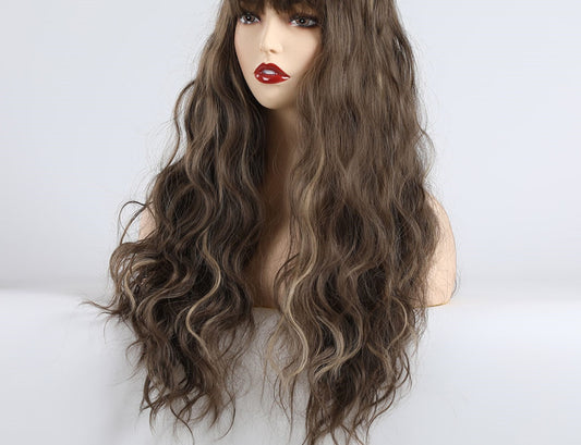 Brown mixed color long bangs curly hair