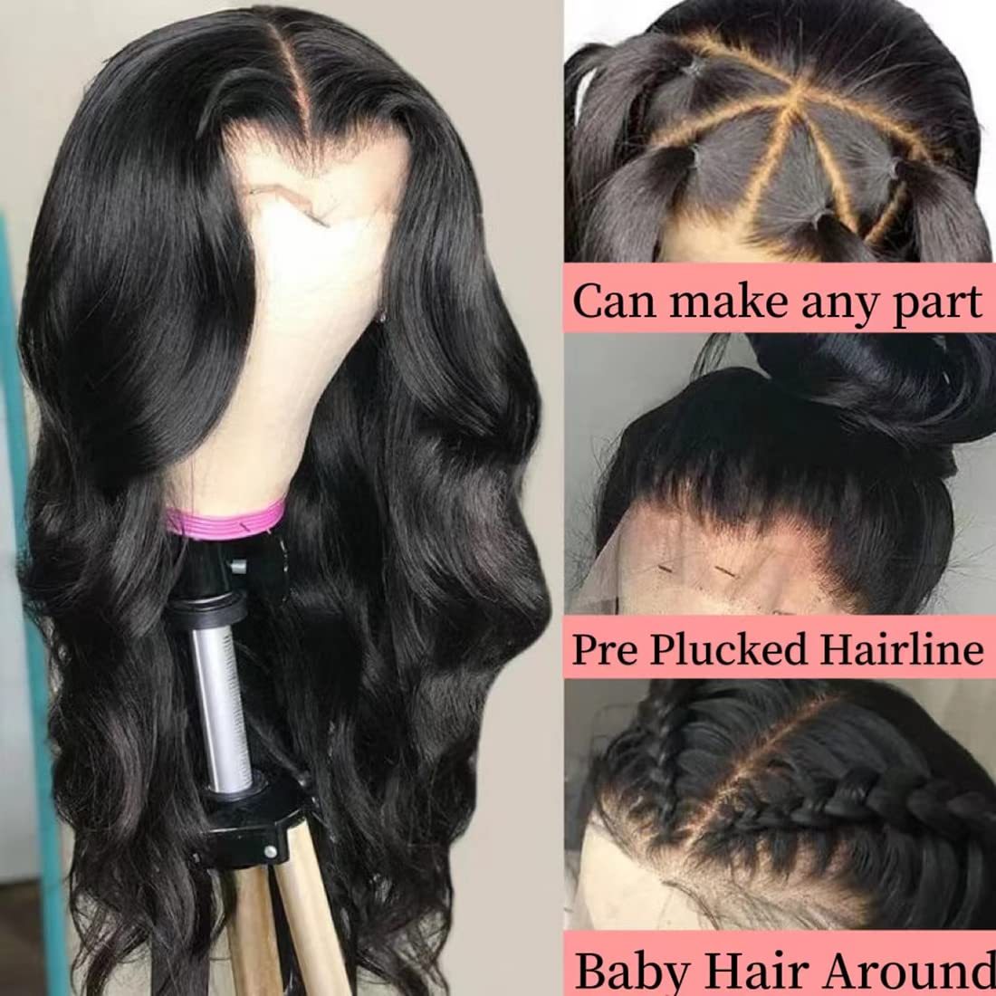 13x4 Body Wave HD Lace Front Wigs Human Hair Pre Plucked 200% Density Body Wave Lace Front Wigs Human Hair For Women With Baby Hair Natural Black