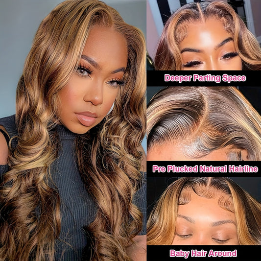 180 Density Highlight Ombre Lace Front Wig Human Hair Pre Plucked 4/27 Brown Honey Blonde Body Wave Lace Frontal Glueless Colored Wigs Human Hair 360 Hd Transparent Lace Front Wig 22 inch