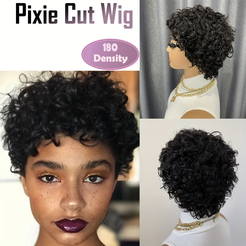 Chic 4-Inch Pixie Cut Wig For Women - 180% Density Brazilian Remy Human Hair, Kinky Curly, Glueless & Lace-Free, Perfect For Daily Wear, 1B Color