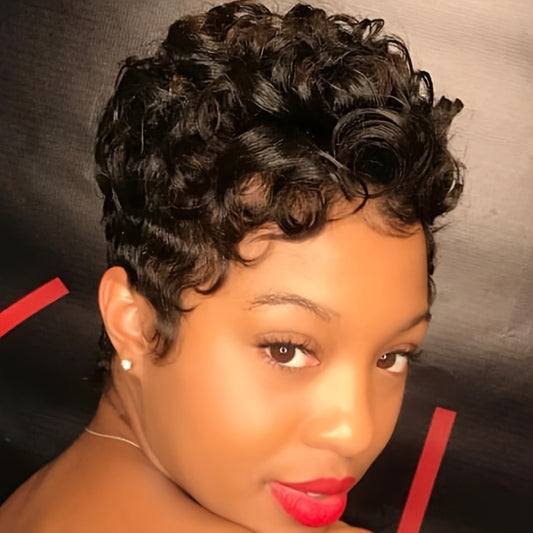 Chic 4-Inch Pixie Cut Wig For Women - 180% Density Brazilian Remy Human Hair, Kinky Curly, Glueless & Lace-Free, Perfect For Daily Wear, 1B Color