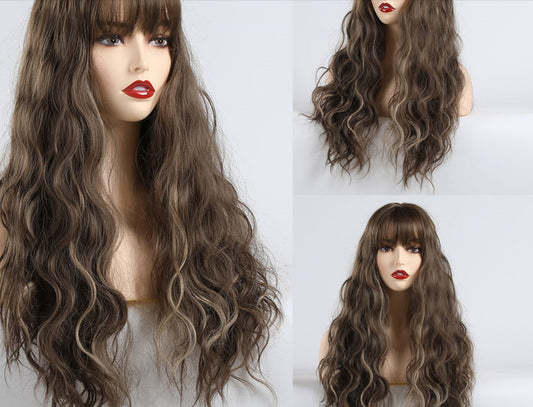 Brown mixed color long bangs curly hair