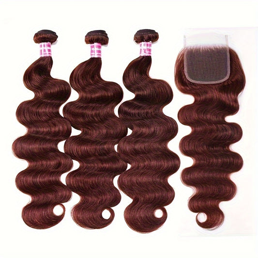 Nadula 12A Reddish Brown Body Wave Human Hair Weave 3 Bundles with 4x4 lace closure, Brazilian Remy Hair Ombre Balayage Human Hair Extension FB30 Highlight Color