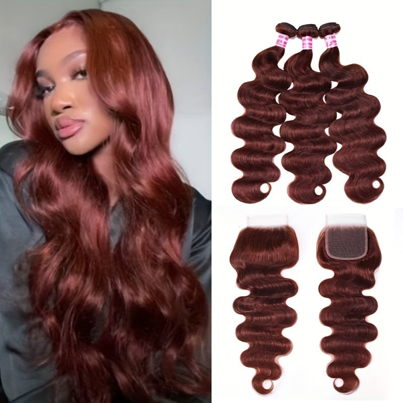 Nadula 12A Reddish Brown Body Wave Human Hair Weave 3 Bundles with 4x4 lace closure, Brazilian Remy Hair Ombre Balayage Human Hair Extension FB30 Highlight Color
