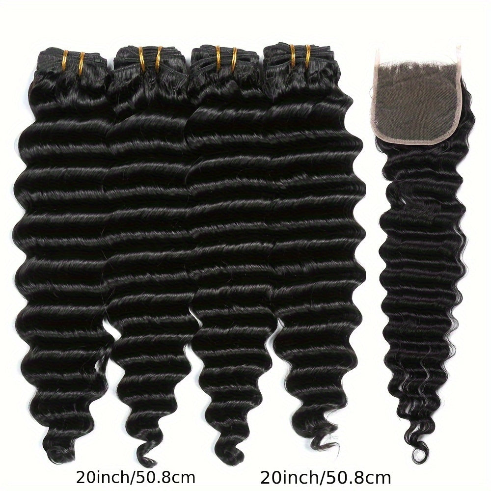 Peruvian Deep Wave Hair With 5x5 Lace Closure Unprocessed Human Hair Bundles With Lace Closure Free Part Transparent Lace 100% Virgin Human Hair Wet and Wavy Weave Hair