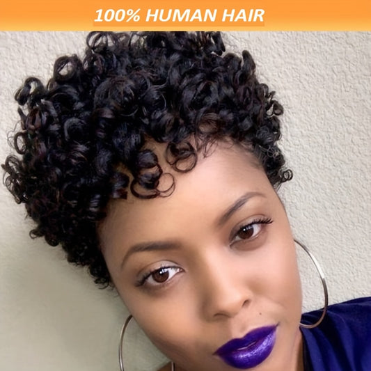 Chic 4-Inch Pixie Cut Wig For Women - 180% Density Brazilian Remy Human Hair, Kinky Curly, Glueless & Lace-Free, Perfect For Daily Wear, 1B Color