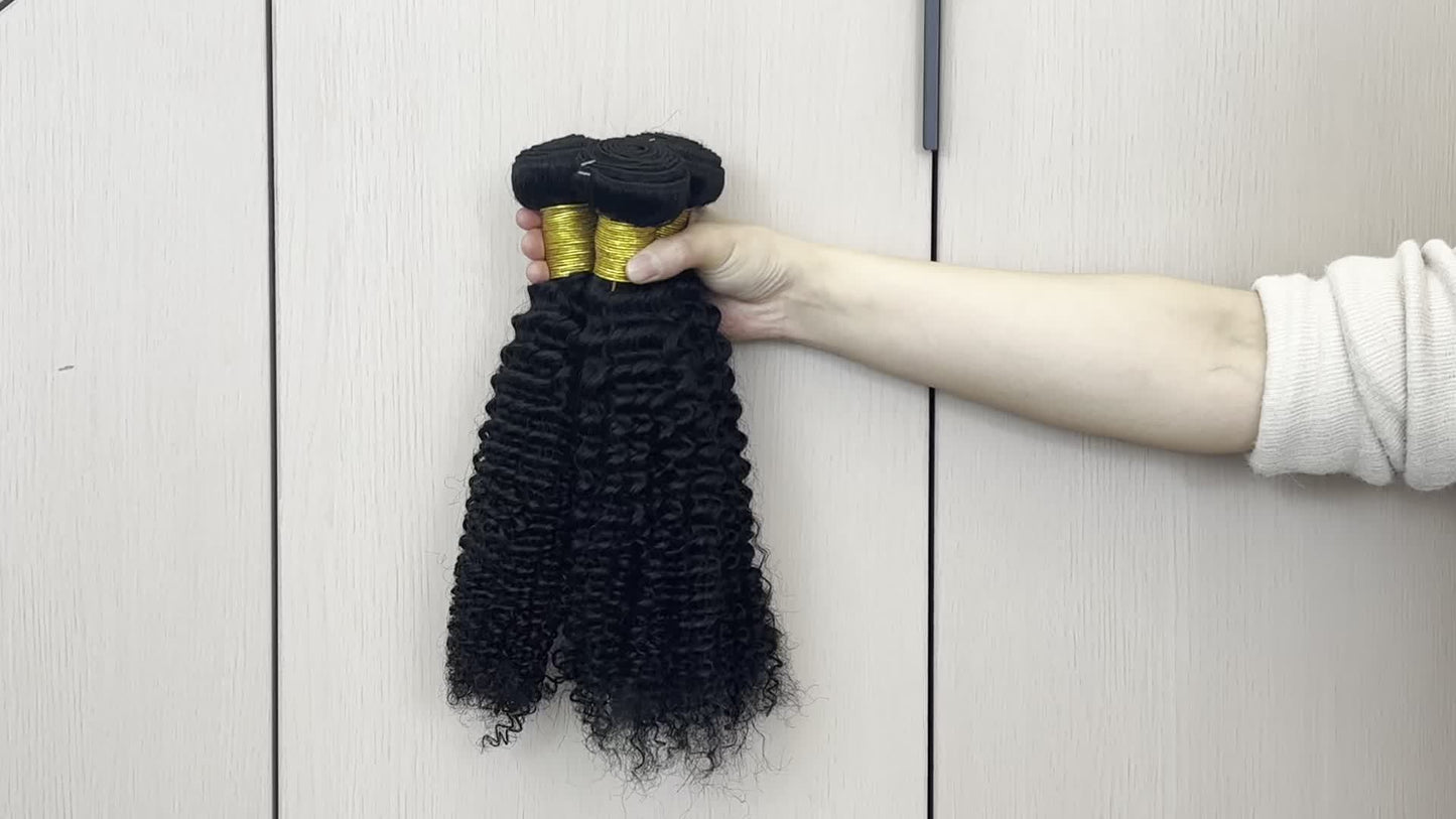 Mongolian Hair Afro Kinky Curly Hair Extension Human Hair Bundles With 4x4 Transparent Lace Closure Natural Color Remy Curly Bundles With Closure