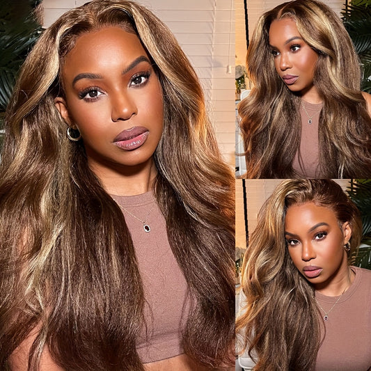 180 Density Highlight Ombre Lace Front Wig Human Hair Pre Plucked 4/27 Brown Honey Blonde Body Wave Lace Frontal Glueless Colored Wigs Human Hair 360 Hd Transparent Lace Front Wig 22 inch