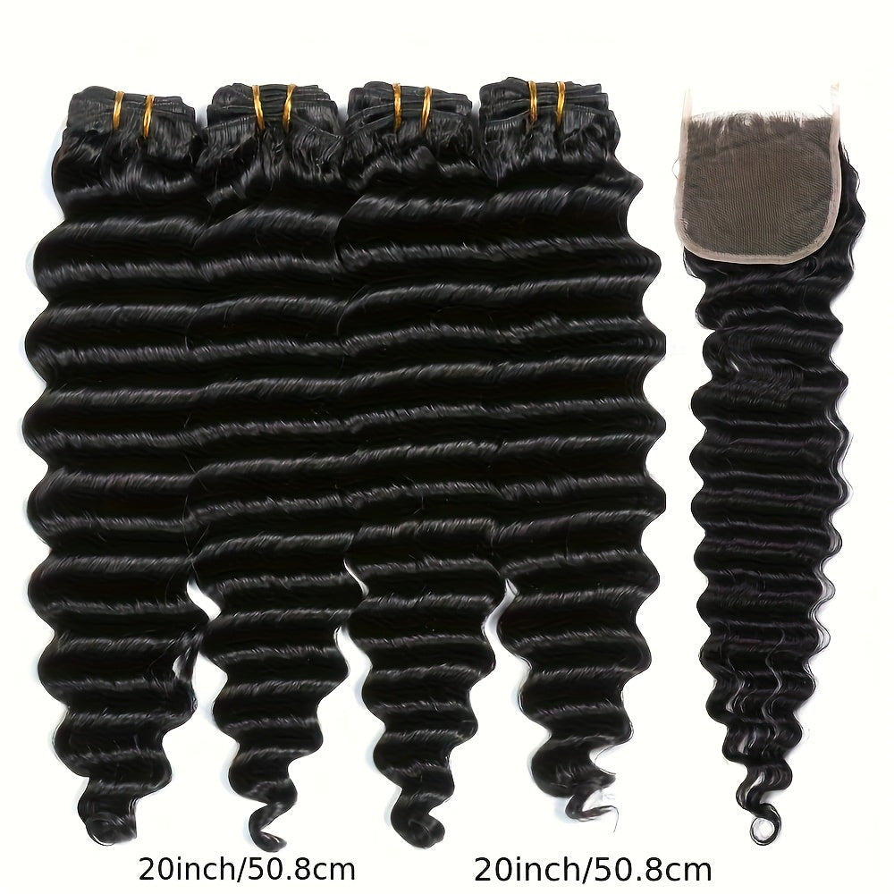 Peruvian Deep Wave Hair With 5x5 Lace Closure Unprocessed Human Hair Bundles With Lace Closure Free Part Transparent Lace 100% Virgin Human Hair Wet and Wavy Weave Hair
