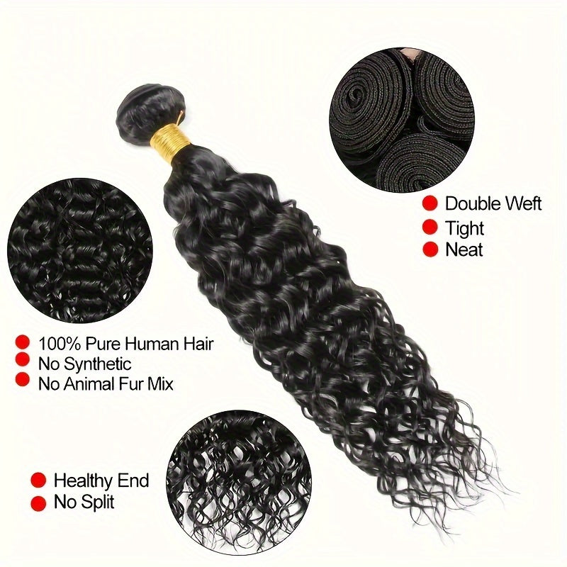 4 Bundles Peruvian Water Wave 100% Virgin Human Hair Extensions Double Weft 100% Unprocessed Human Hair Water Wave Hair Natural Black Color For Women Can Be Dyed