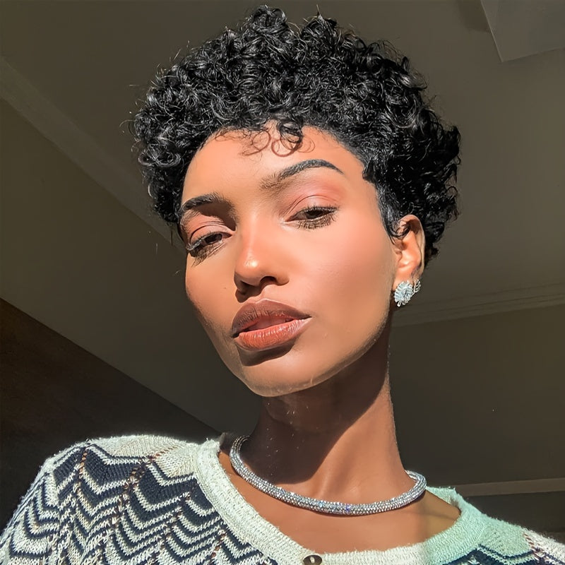 Chic 4-Inch Pixie Cut Wig For Women - 180% Density Brazilian Remy Human Hair, Kinky Curly, Glueless & Lace-Free, Perfect For Daily Wear, 1B Color
