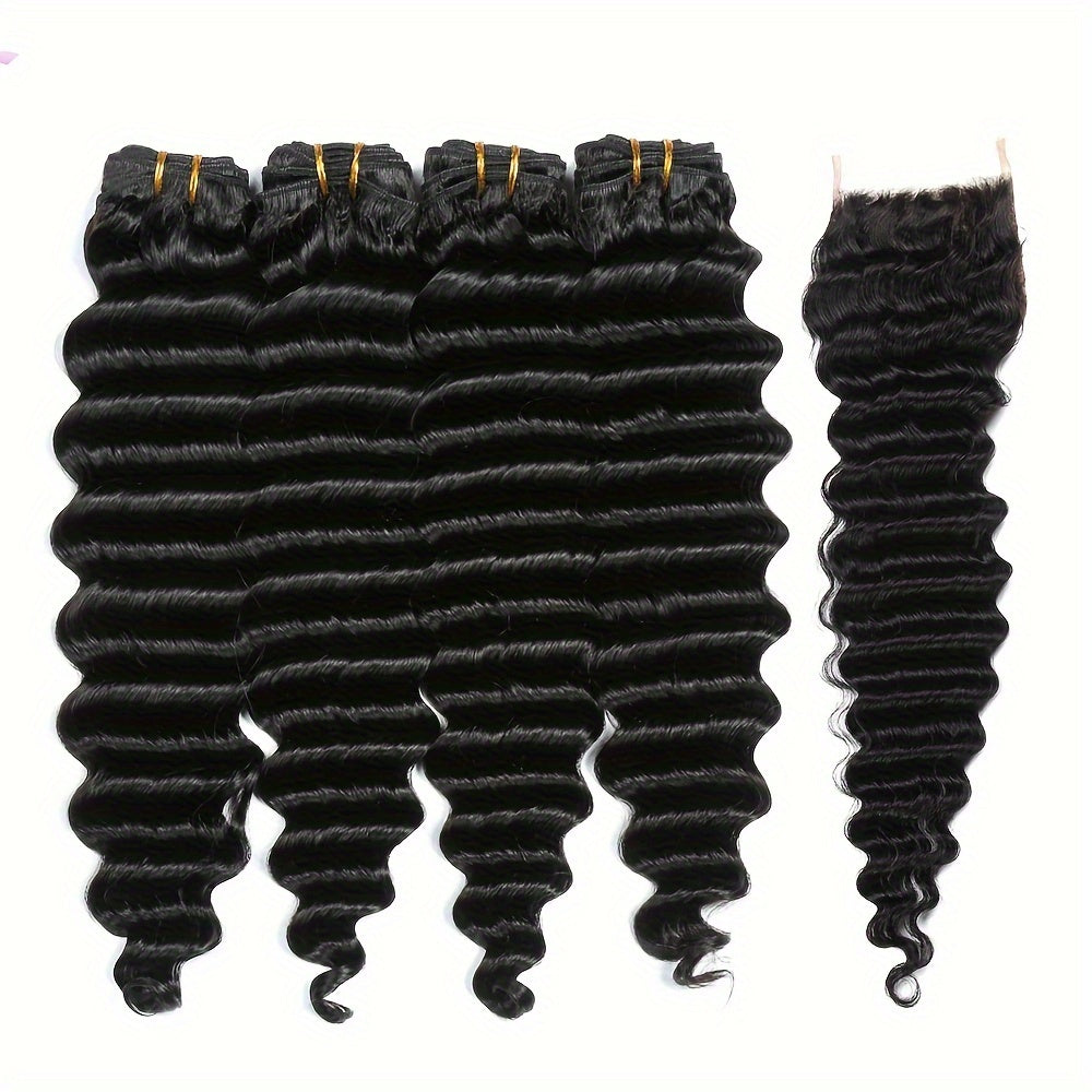 Peruvian Deep Wave Hair With 5x5 Lace Closure Unprocessed Human Hair Bundles With Lace Closure Free Part Transparent Lace 100% Virgin Human Hair Wet and Wavy Weave Hair