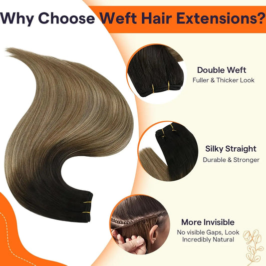【On Sale】Full Shine Hair Weft Extensions Remy Human Hair 100G/Set Hair Bundles Ombre Brown 18-24inch  For Woman