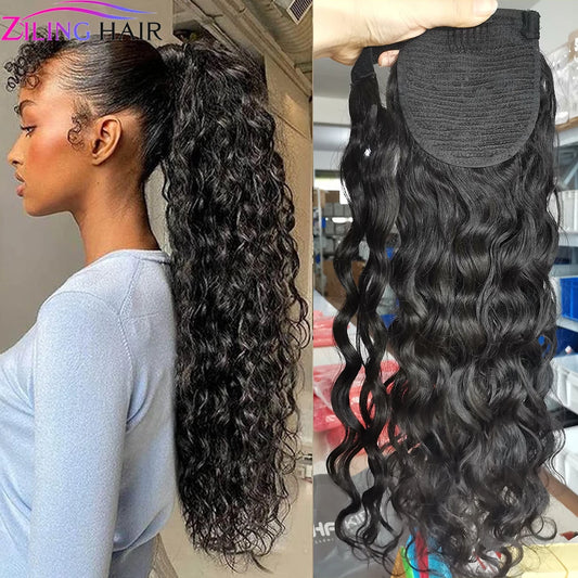 120g Natural Wave Human Hair Wrap Around Ponytail Remy Hair Extensions Brazilian Water Wavy Hair Pieces Natural Color For Women