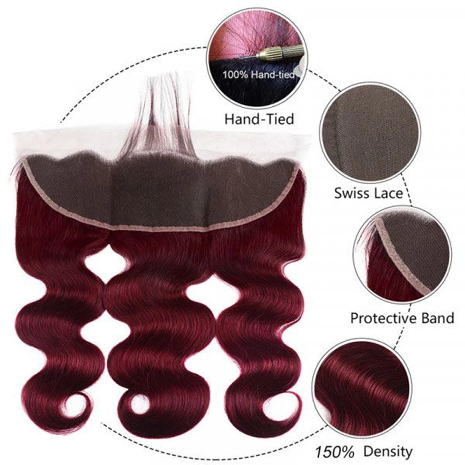 2/3/4 Bundles With Frontal Body Wave Highlight Burgundy #99J Human Hair 13x4 Lace Front With 3 Bundles Brazilian Hair For Women