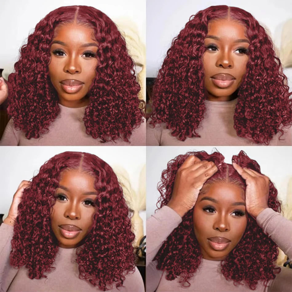 13x4 Lace Frontal Wig Short Bob Kinky Curly Wig Brazilian 99J Deep Water Wave Bob Burgundy Lace Front Wigs Bob 100% Human Hair