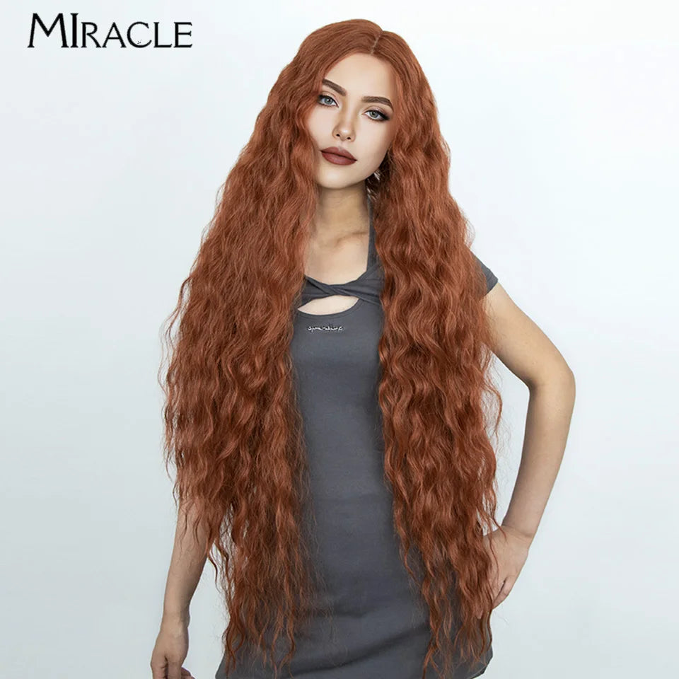 MIRACLE Synthetic Lace Front Wig For Women 40 Inch Water Wave Lace Wig Cosplay Wigs 613 Pink Blonde Wig Super Long Fiber Hair