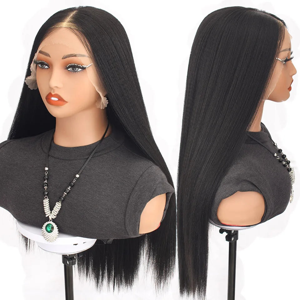 13X6 Bio Synthetic Lace Front Wigs Yaki Straight 26inches 260gram Heat Resistant Fiber Transparent Lace Frontal Wigs #1B #4