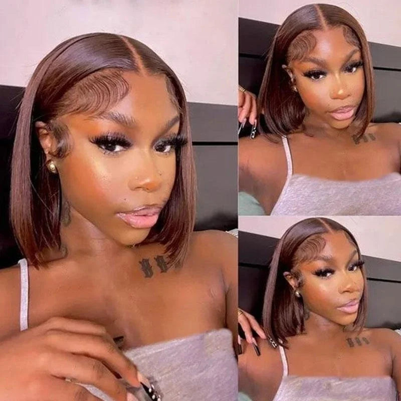 Straight Bob Wig Human Hair Color #4 Chocolate Brown HD Lace Front Wig 13x4 Lace Front Wigs Human Hair Pre Plucked 200% Density