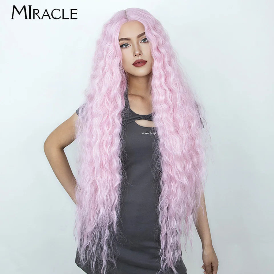MIRACLE Synthetic Lace Front Wig For Women 40 Inch Water Wave Lace Wig Cosplay Wigs 613 Pink Blonde Wig Super Long Fiber Hair